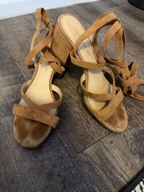 Ivanka Trump Tan Suede Strappy Block Heel Sandals. Long straps